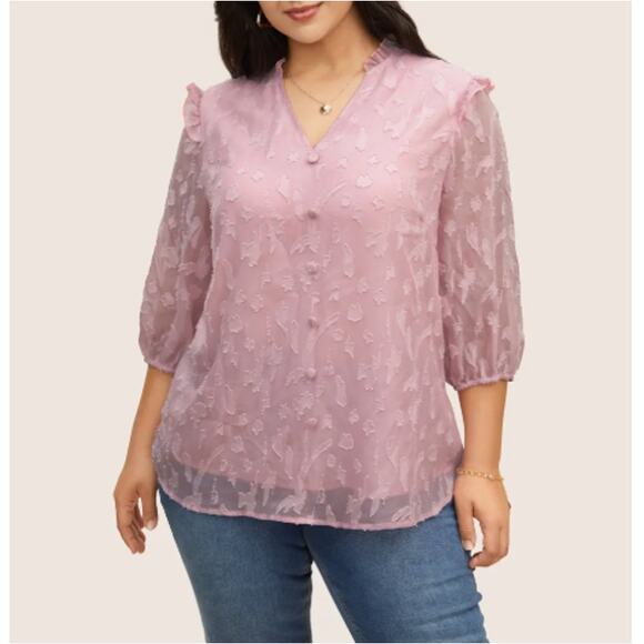 New BLOOMCHIC Women's Pink Chiffon Plain Textured Ruffle Trim Blouse Size 14-16 - Picture 1 of 9